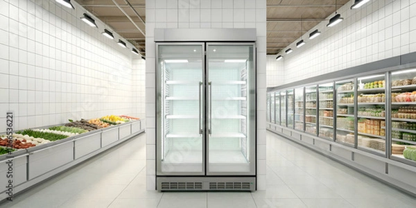 Obraz Brightly Lit Grocery Store Aisle With Refrigerated Display Cases And Food