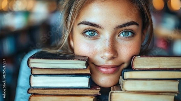 Fototapeta A young woman with beautiful eyes rests her chin on a stack of books in a library. This image evokes a feeling of serenity, knowledge and intelligence.