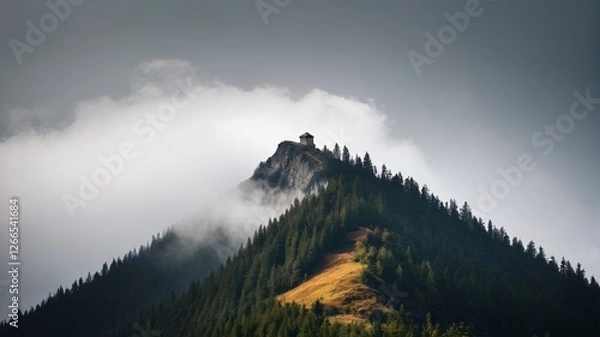 Fototapeta there is a small tower on top of a mountain with trees