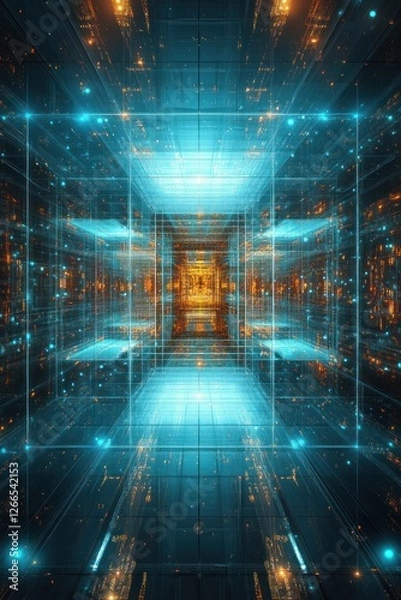 Obraz A futuristic digital tunnel with glowing blue and orange lights, creating a sense of depth and motion through a virtual space