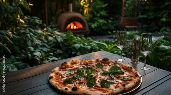 Fototapeta Fresh wood fired pizza on dining table in lush garden