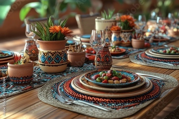 Fototapeta A beautifully arranged dining table featuring colorful dishes, vibrant plants, and decorative ceramics, creating an inviting and festive atmosphere.