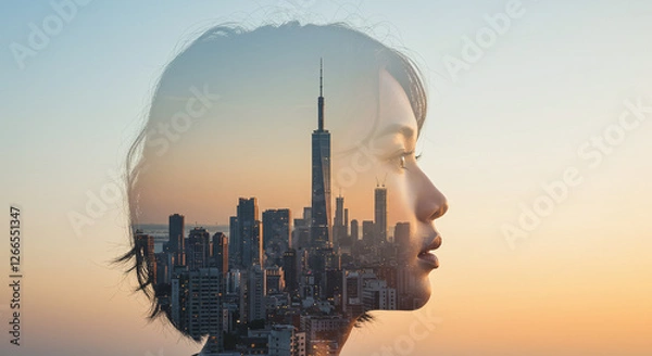 Obraz 女性の横顔に重ねられた都市の夜景と高層ビル群・世界の未来・発展
