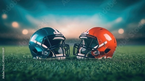 Fototapeta Football Rivalry Showdown Team Helmets Face Off in Stadium Grass Exciting Sports Concept