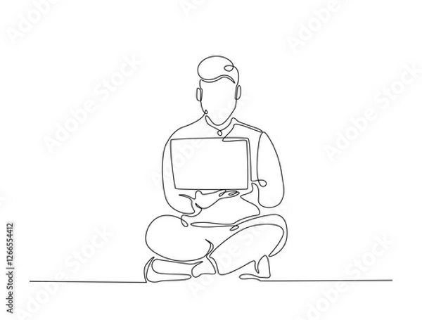 Fototapeta Continuous line art drawing of a man sitting on the floor and working on a laptop. Person working on a laptop, freelance,remote work,study in line art drawing vector illustration. Editable stroke.