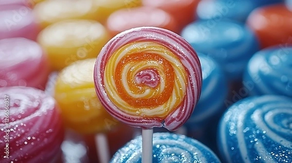 Fototapeta Colorful swirl lollipops close-up, sweet treats, blurred background, candy shop display