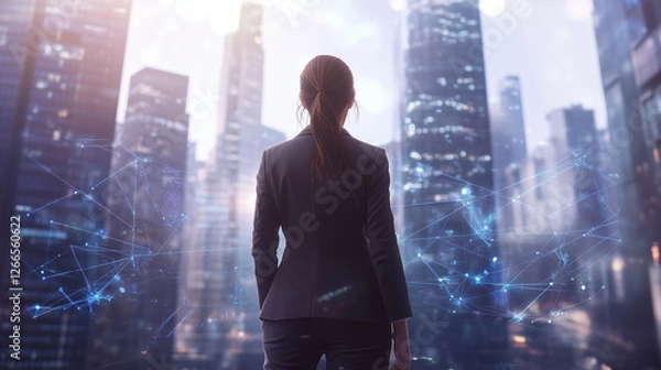 Fototapeta A confident female executive gazes at a futuristic city skyline, enveloped by an advanced digital network symbolizing connectivity and innovation. Image made using Generative AI.