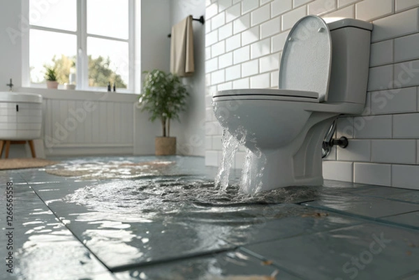Fototapeta Toilet Overflow Causing Water Damage In A Tiled Bathroom. Water Damage And