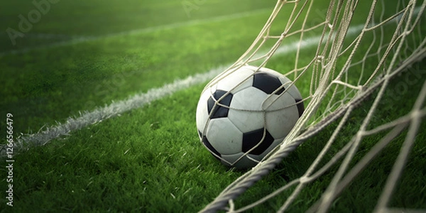 Obraz A Soccer Ball Inside A Goal Net On A Grassy Field For Sports Games. Images Of