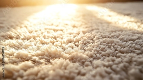 Fototapeta Close-up of beige carpet fibers in sunlight