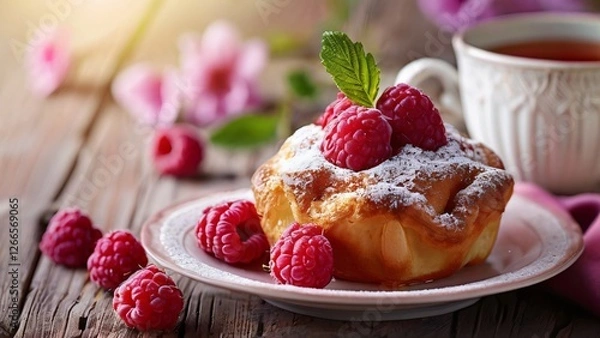 Fototapeta Beautifully Baked and Brightly Plated Raspberry Popover Illustration for National Raspberry Popover Day