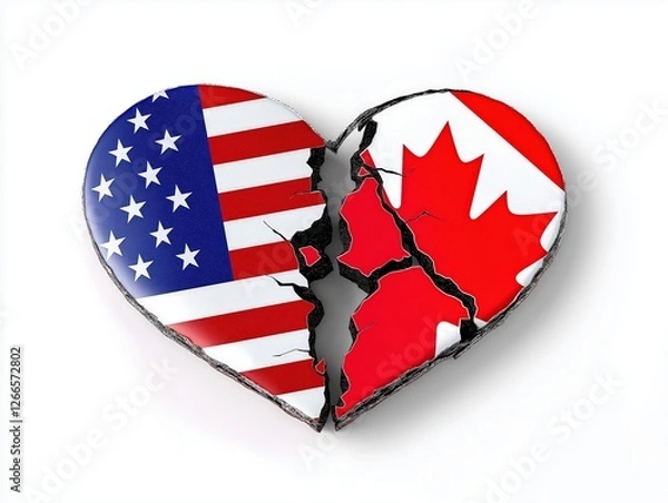 Fototapeta USA and Canada Trade Tension Symbolized by a Cracked Heart with Flags Representing Tariff Dispute