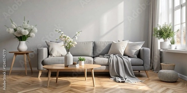 Fototapeta Serene Living Room with Gray Sofa, Wooden Coffee Table, and Floral Arrangements