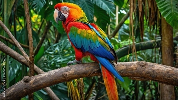 Fototapeta A vibrant parrot perched on a branch amidst lush greenery.