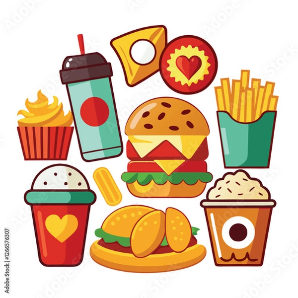 Obraz Colorful Fast Food Icons Set for Restaurant or Cafe