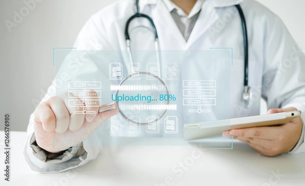Fototapeta Medicine doctor use laptop to review patient medical with operating system uploading concept. installation app and software update process, User is downloading