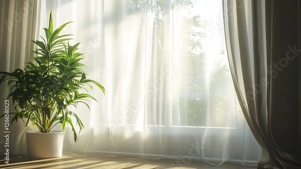 Fototapeta A large window with sheer curtains, sunlight streaming in, and plants on the floor next to it. 