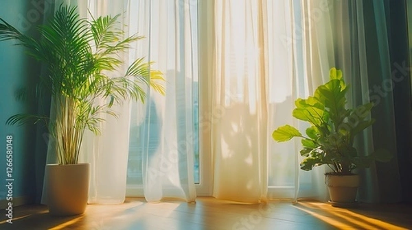 Fototapeta A large window with sheer curtains, sunlight streaming in, and plants on the floor next to it. 
