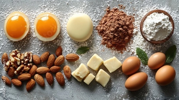 Fototapeta Ingredients for baking eggs, nuts, flour, cocoa, and chocolate.