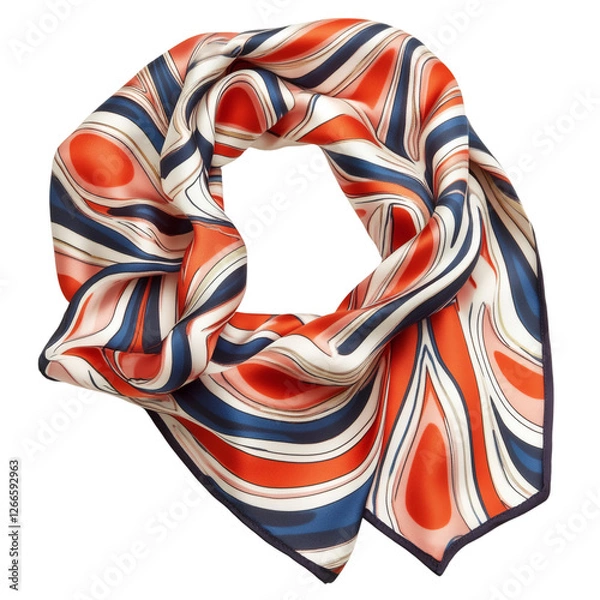 Fototapeta A silk scarf with an orange, blue, and white patterned design on it isolated on transparent background