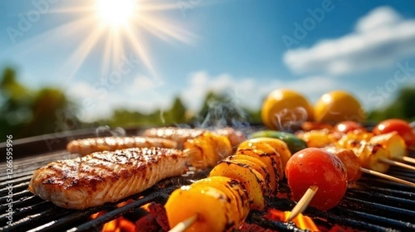 Obraz Outdoor grilling of colorful skewers and fish on a sunny day