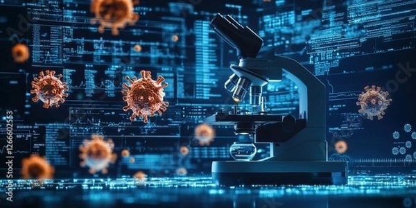 Fototapeta Microscope with Virus on a Blue Background