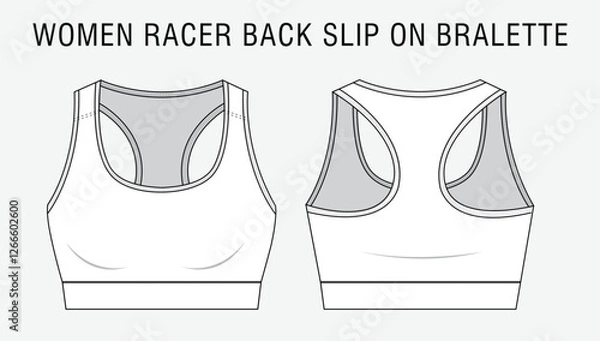 Fototapeta women racer back slip on bralette flat sketch, sports bra technical drawing, bra, flat sketch, fashion technology, tech pack, vector, editable stroke