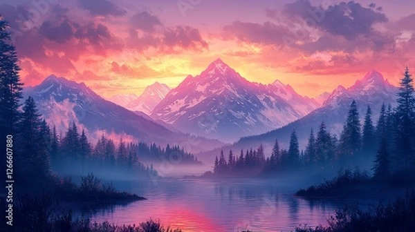 Obraz moutains and adverture background,illustration --ar 16:9 --stylize 450 --v 6.1 Job ID: d5583ac7-07ff-407e-9bee-3409665dae4e