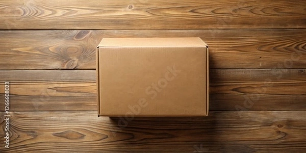Fototapeta A simple brown cardboard box sits on a rustic wooden surface, ready for shipping or storage