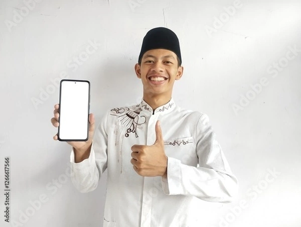 Fototapeta Moslem Asian man smiling happy and give thumb up while holding blank handphone screen