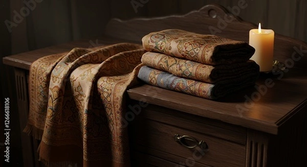 Fototapeta Elegant Pashmina Shawls Stacked on Wooden Dresser with Candlelight Ambiance