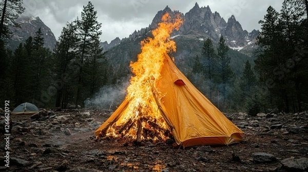 Obraz Burning Tent in Majestic Mountain Scenery