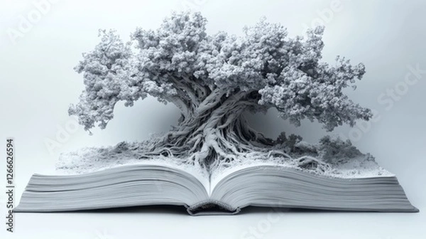 Fototapeta A grayscale 3D rendering of a tree growing from an open book, symbolizing knowledge and growth.