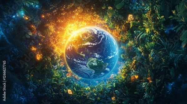 Fototapeta Beautiful Earth Surrounded by Vibrant Flora and Shimmering Light