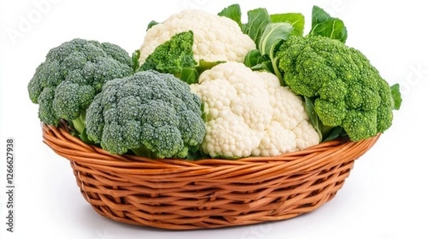 Fototapeta Vegetable Basket Displaying Fresh Broccoli and Cauliflower on White Surface