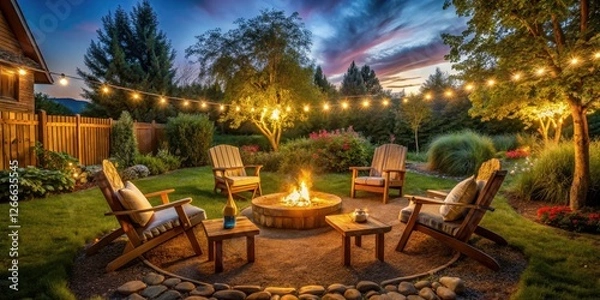 Obraz Warm firelight dances beneath twinkling string lights, creating a relaxing, cozy backyard haven.