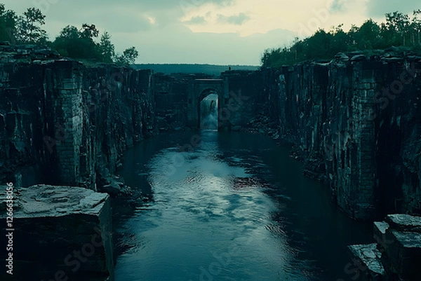 Fototapeta River Gorge Archway, Cloudy Sky, Tranquil Scene. Possible Stock Photo Use Nature, Outdoors