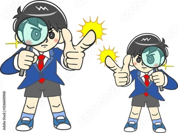 Obraz 虫眼鏡を構え問題解決し指差して指摘する賢い少年	