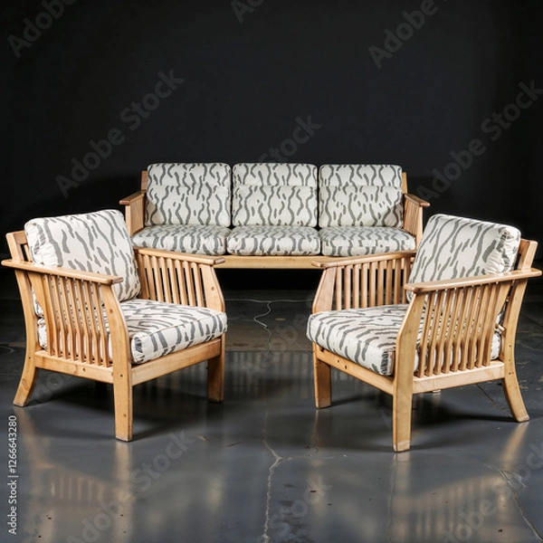 Obraz Elegant Wooden Sofa Set with Zebra Print Cushions - Modern Minimalist Living Room Decor