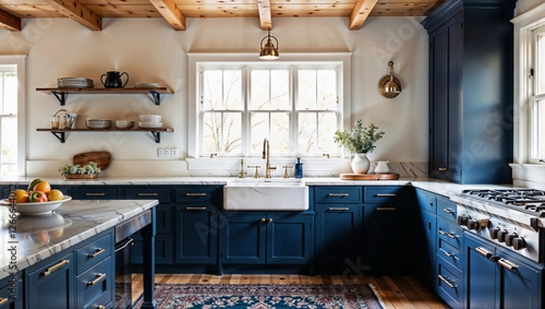 Obraz Modern Rustic Kitchen with Navy Cabinets, Brass Fixtures, and Marble Countertops