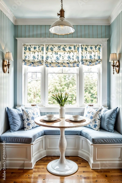 Obraz Charming Cottage Breakfast Nook with Soft Blue Accents