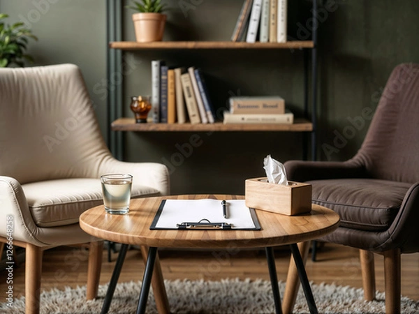 Obraz "Cozy Home Study with Wooden Round Table, Armchairs, and Bookshelf