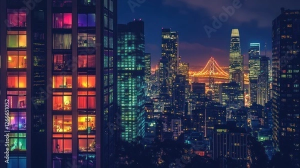 Fototapeta Vibrant city skyline at night with illuminated buildings and a bridge in the background.