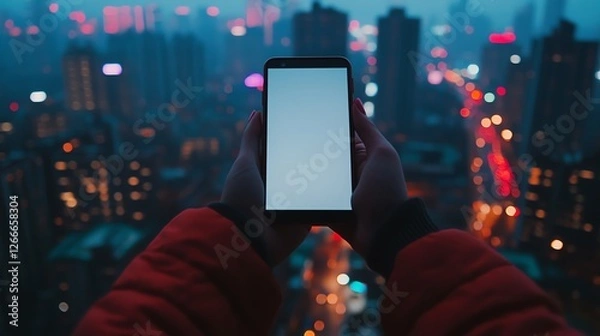Fototapeta A closeup of a hand holding a smartphone with a blank screen, overlooking a lively urban area at twilight, dramatic lighting, sharp details, cinematic focus