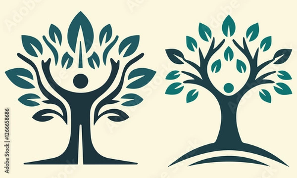 Fototapeta Person tree logo. A person with hands raised make branches and a tree in this logo