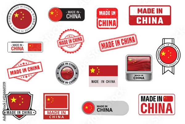 Fototapeta Made in China Label Sticker Badge – Authentic Product Stamp, Official Certification Mark, Export Quality Seal, Manufacturing Tag, Vector Illustration for Branding, Packaging and  Trade