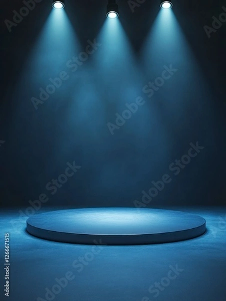 Obraz Abstract blue stage with spotlights in the background for product presentation, with light and shadow, and an empty space in the center of the composition