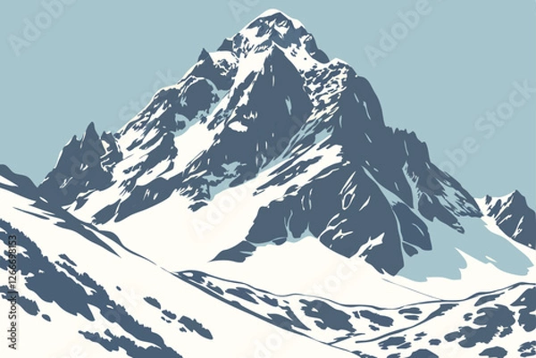 Obraz   A photograph of a majestic mountain peak, taken from a low angle, with a clear, bright sky in the background. The peak is covered in snow and has jagged, rocky outcrops. The lighting is soft and na