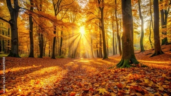 Fototapeta Golden hues of autumn sunlight filter through the trees as leaves blanket the forest floor with a soft, warm carpet of golden color , autumn foliage, nature scene