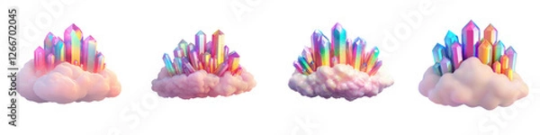 Fototapeta Whimsical and enchanting crystal formations in a variety of colors and shapes floating amongst soft pastel hued clouds in a dreamlike spiritual sky scene  The crystals seem to radiate an ethereal